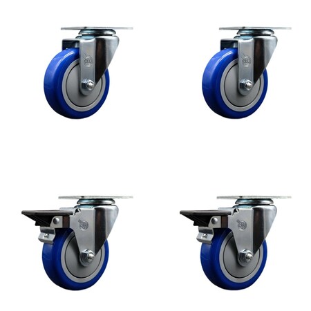 Service Caster 4'' Blue Poly Wheel Swivel Top Plate Caster Set with 2 Posi Brakes, 4PK SCC-20S414-PPUB-BLUE-2-PLB-2